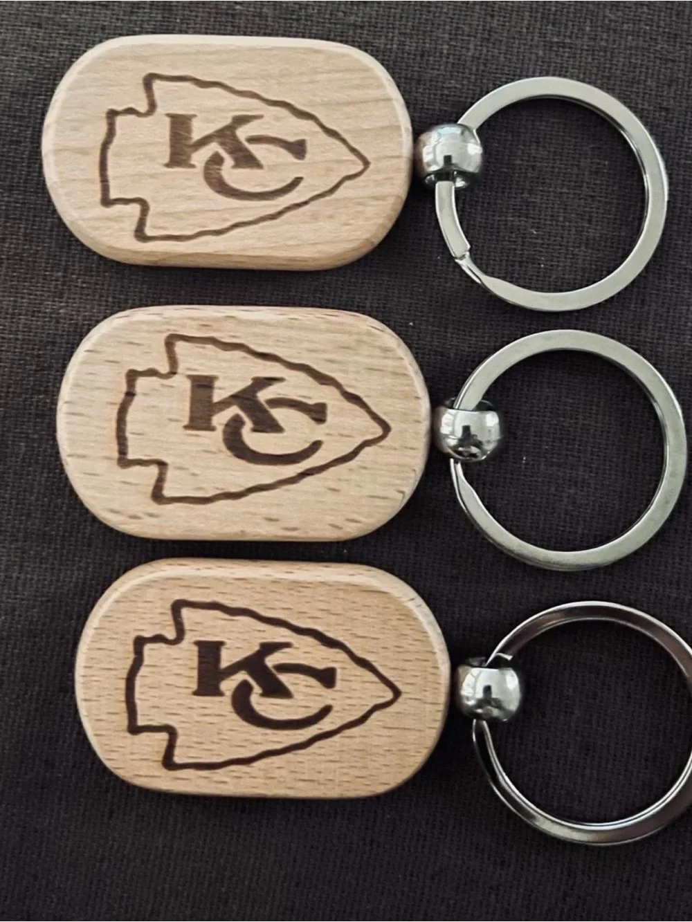 Set of 3 Kansas City Themed Engraved Wood Keychain - Natural Wood